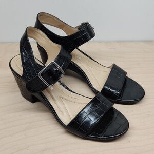 Andrew Geller Burbank Black Crocodile Sandals Platforms Buckle Women's Sz 8 1/2M